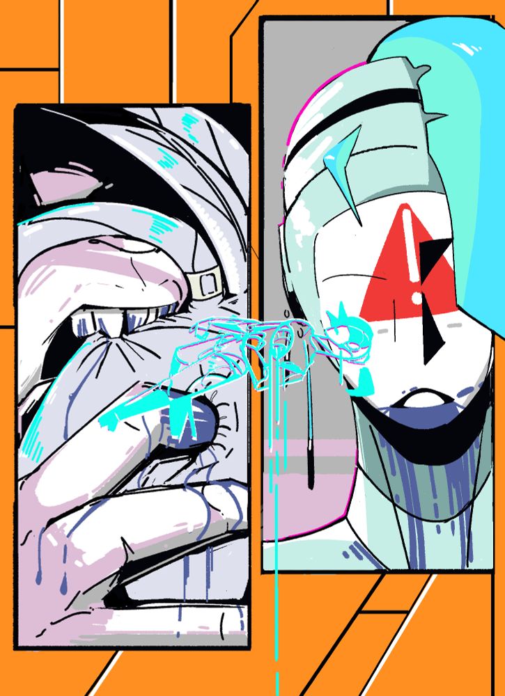 #art of Sable (Sable-1) consisting of two panels. the left panel shows a person biting and inserting a finger into the orifice of a heart, blue blood on their teeth and fingers. Sable is shown in the right panel, her face is shorting out causing her eyes to be replaced with a red warning symbol.

A blue sketch of sable, lying down, heart torn out, and lying down is superimposed over the piece