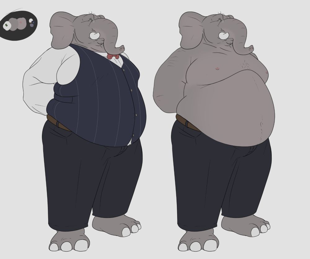 Fat anthropomorphic elephant docent with and without his shirt on.