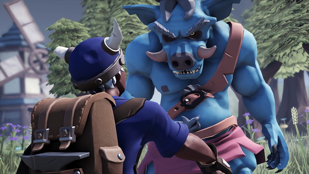 An FTK2 troll stands over a Blacksmith, intimidating her.