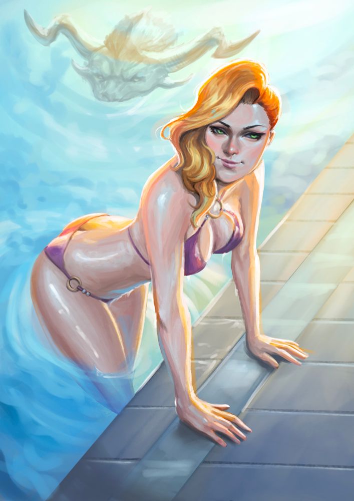 A blonde lady in a purple bikini at the edge of the pool, with a monster guy swimming in the background.