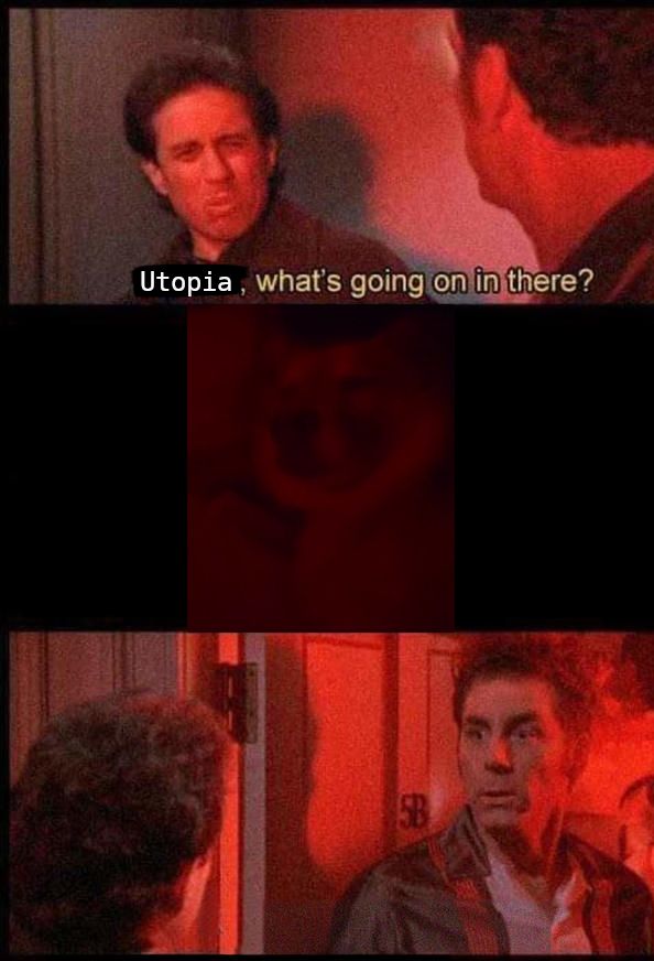 Seinfeld Kramer red light meme with red dog as the middle frame