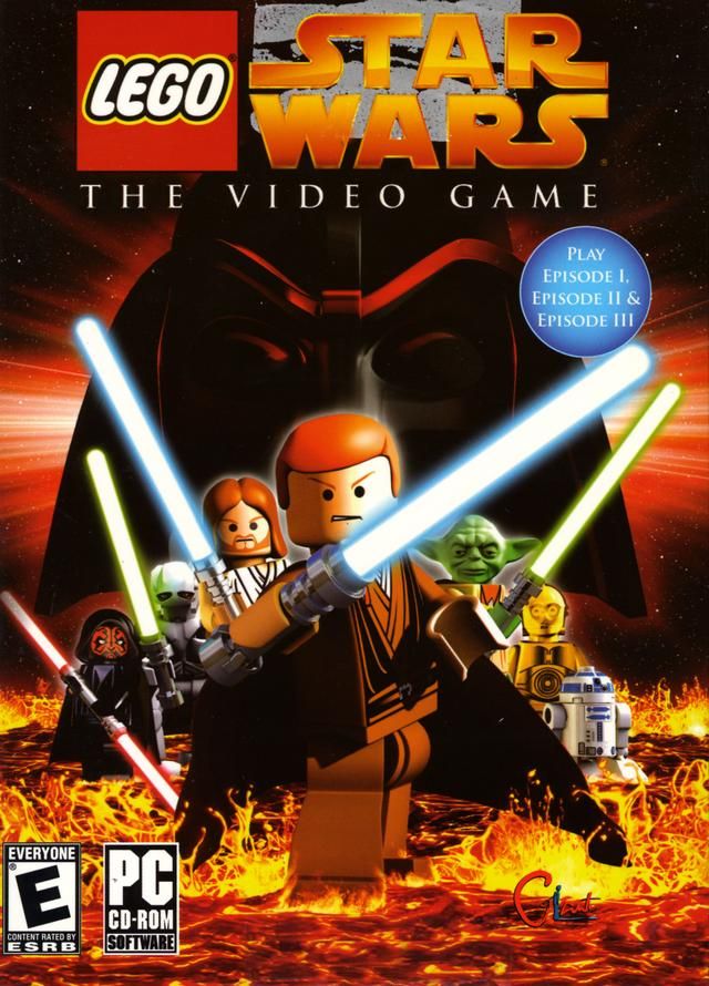 Cover art for the 2005 adventure game "Lego Star Wars: The Video Game" featuring Lego renditions of Darth Maul, General Grievous, Obi-Wan Kenobi, Anakin Skywalker, Yoda, C3PO and R2-D2 from left to right. Darth Vader's helmet can be seen looming in the background.