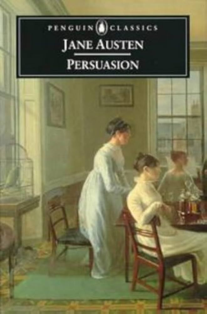 In a nineteenth century salon, a painting of two women seated at a table, another one standing behind them, all gazing at something the viewer cannot see. Muted color palette in soft blue and yellow. A black banner reads Jane Austen 'Persuasion'.
