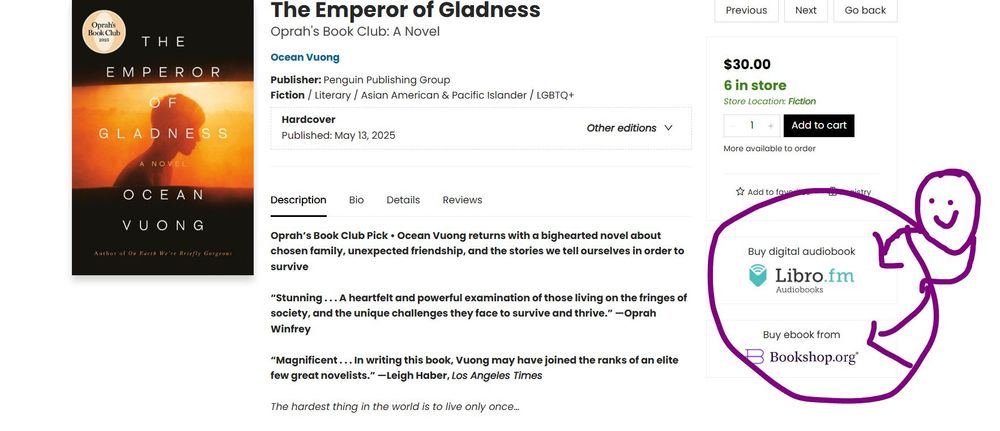 A screenshot of a book on the right, the book blurb in the center, and on the right the icons for libro.fm and bookshop.org in a circle with a smiley face. The smiley is a terrible graphic and I love it.