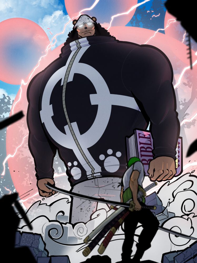 A powerful visual showcasing Bartholomew Kuma towering in the background, his massive presence accentuated by his signature black coat with paw prints and a Bible in hand. His shining eyes and the lightning-filled bubble add an ominous atmosphere. In the foreground, Roronoa Zoro stands ready, gripping his three swords with determination, set against the rubble of a shattered battlefield, creating a tense and iconic standoff.
