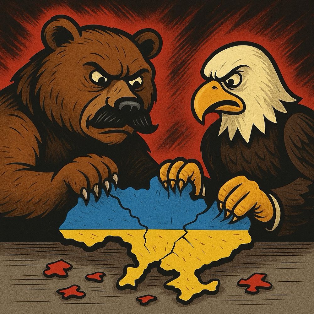 A Stalin-esque bear and a bald eagle tearing Ukraine apart 