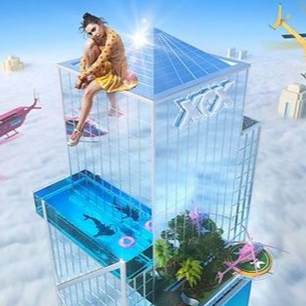 Cover art for the unreleased charli xcx album XCX WORLD, depicts a glass high rise above the clouds w charli perched atop