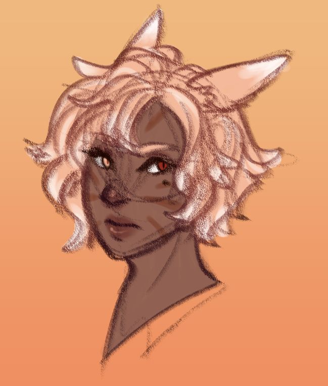 A scribble featuring a Miqo'te from XIV, with orange hair tipped in white, dark skin, darker stripes on her cheeks, and two eyes of different colors, both a light and dark orange