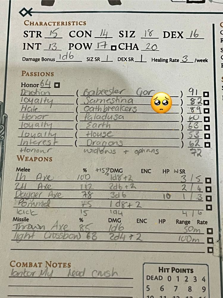 RQG character sheet for Babeester Gor initiate with hate oathbreaker passion highlighted at 89%