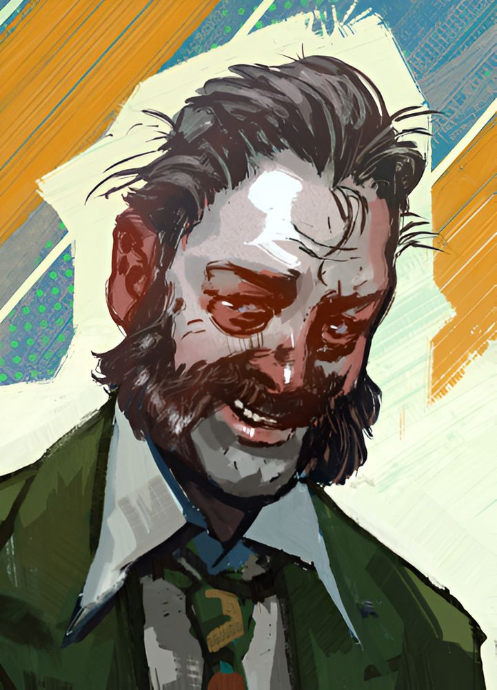 the default game portrait of Harrier Du Bois from Disco Elysium, ostensibly smiling but also looking very tired and sad he is wearing the wonderful/horrible tie