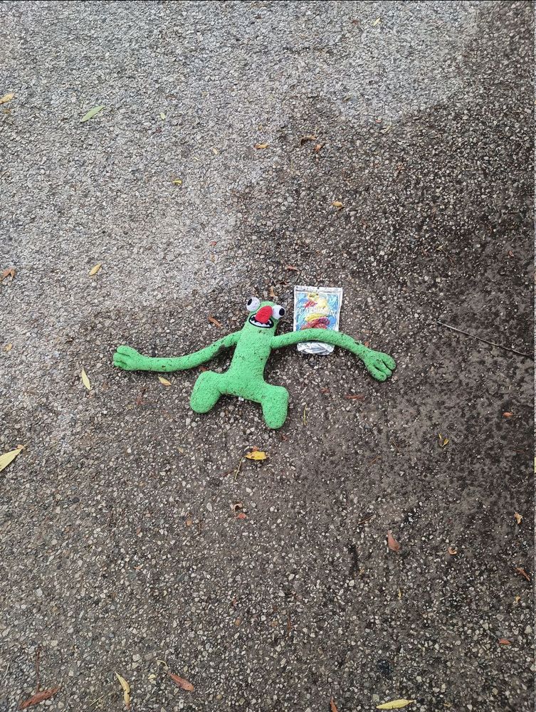 photo of a goofy-lookin' green plush toy lying on pavement. it has long arms, short squat legs, and a muppety face with big poppin' eyes and a big red nose. one of its long arms is draped over a spent capri sun package.