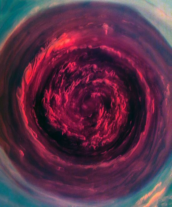 Saturn’s northern vortex of terror in infrared false color.

NASA/JPL-Caltech/SSI/CICLOPS/Kevin M. Gill