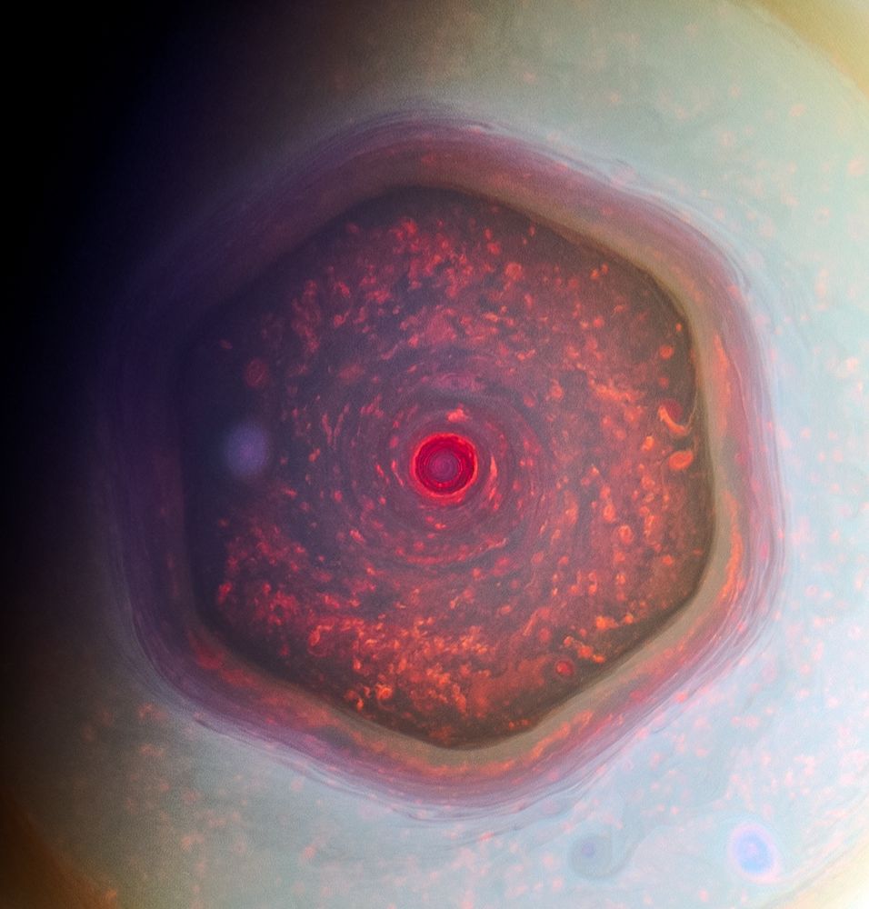 Saturn’s northern hexagon in infrared false color.

NASA/JPL-Caltech/SSI/CICLOPS/Kevin M. Gill