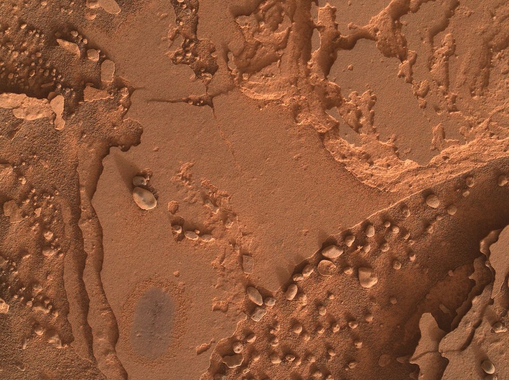 Layered rock in typical martian reddish color. Pebbles and sand are visible.