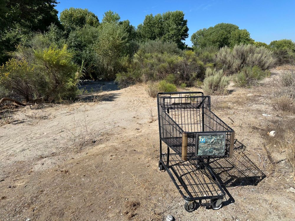 A long black shopping cart in a dry seasonal riverbed.