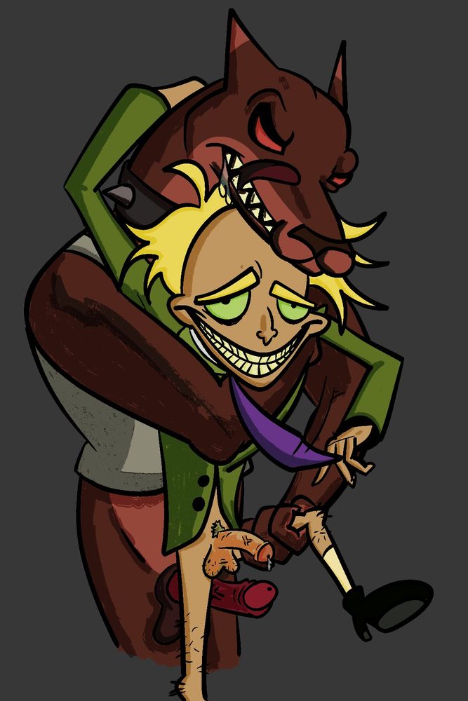 Mad Dog about to fuck freaky fred, both from courage the cowardly dog