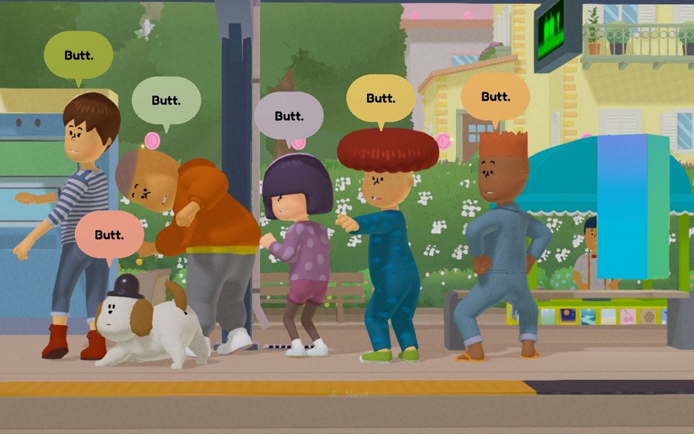 Screenshot from the game "To a T" showing a line up of colourful characters with their butts towards the camera posing, each one with a speech bubble above their head saying "Butt"