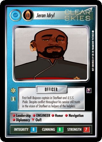 Jeran Idryl cards for ClearSkiesCCG. Starfleet and Bajoran versions. Art by Kaitlin Bruder @bruderkaitlin.bsky.social Played by @thenoirenigma.bsky.social The Last Excelsior by @streampunksrpg.bsky.social  on @althaven.bsky.social  STA2E by @modiphius.bsky.social #AuxCrew