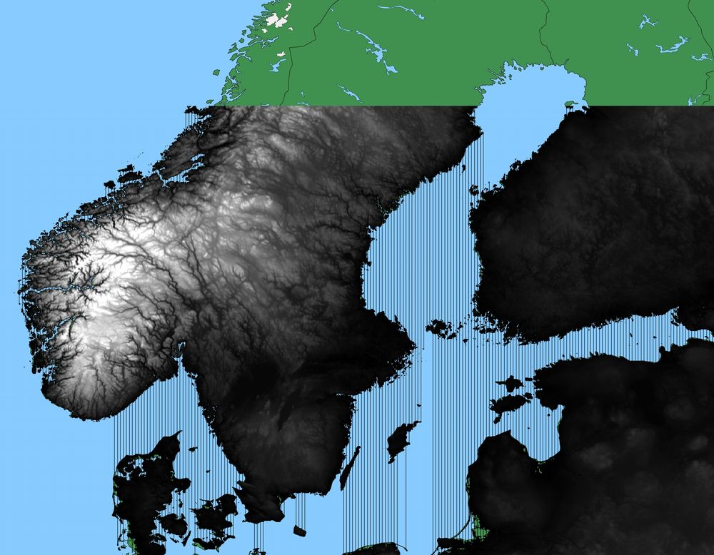 Black-and-white elevation superimposed on map of Nordics + Baltics, but marred by black bands running vertically across the sea in some places.