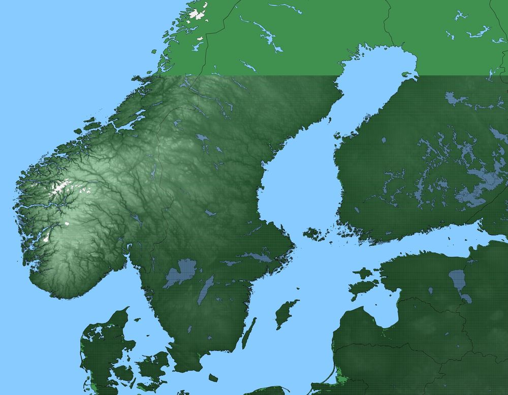 Nordics and Baltics with height data clearly superimposed, but the northern part is missing height data. And the raster has strange moiré-like effects in it.