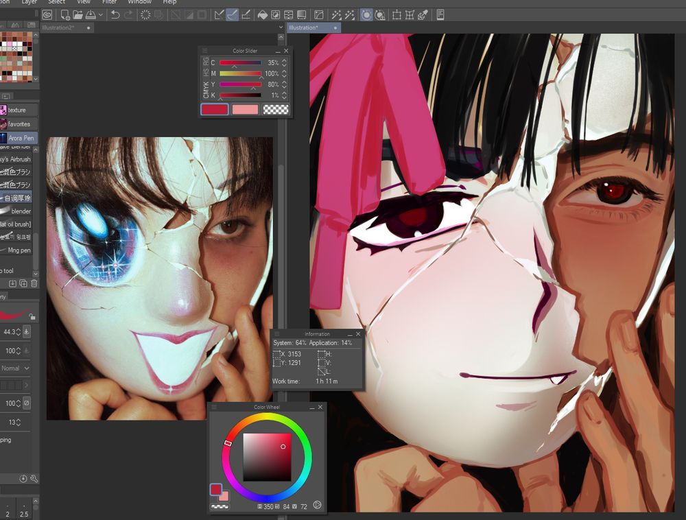 screenshot taken from clip studio paint of a painting of ivan from alien stage referencing an image of a woman hiding behind a broken cutesy mask 