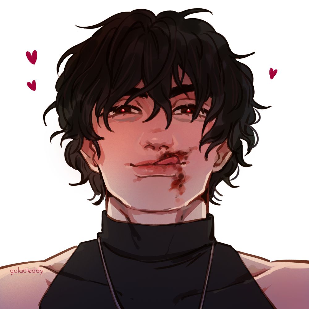 ivan  headshot of him looking smug and licking the blood off his face. there are hearts around him 