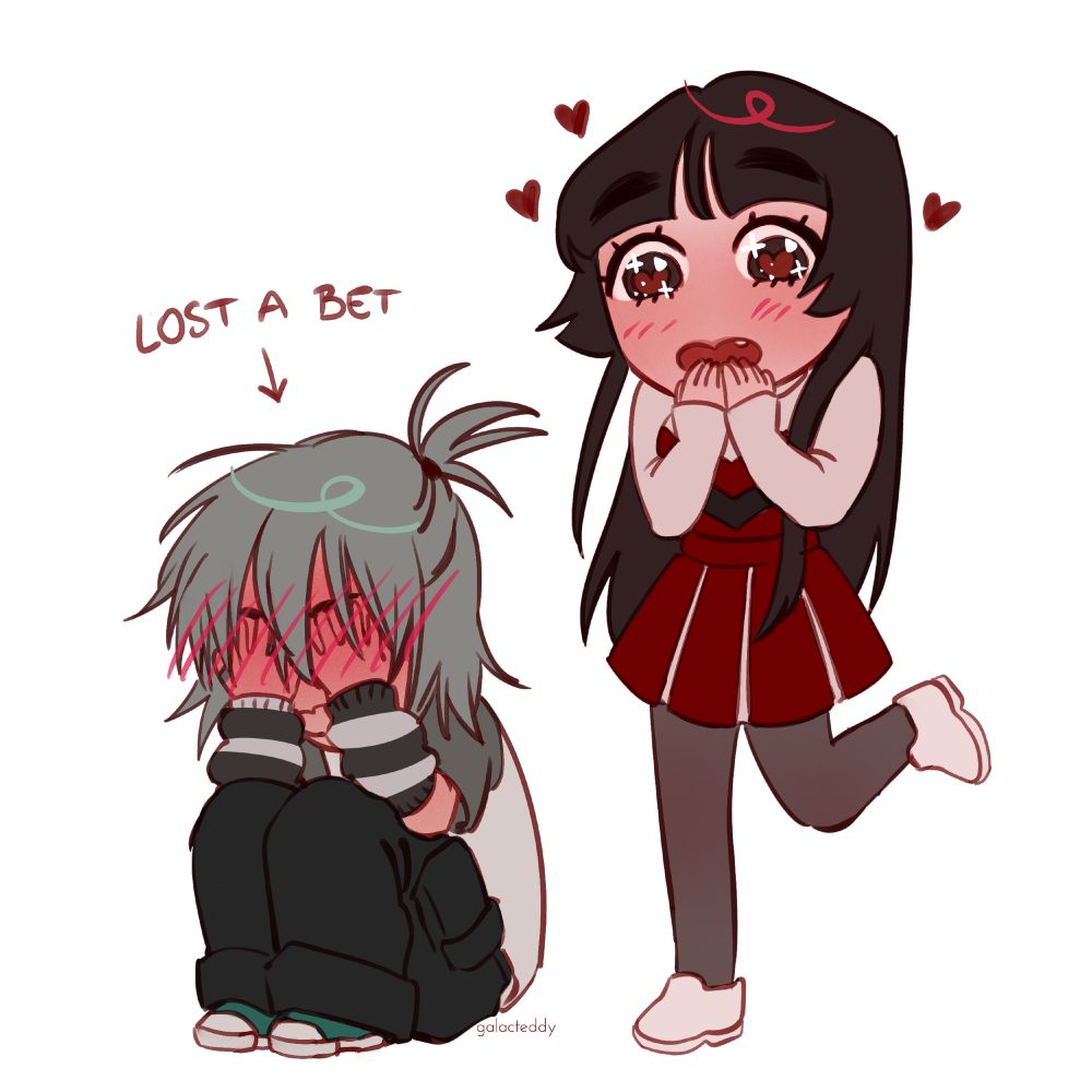 chibi jock/emo AU Genderbent Ivan and Till from Alien Stage. Till is hiding her face in embarrassment and Ivan looks excited and in love.