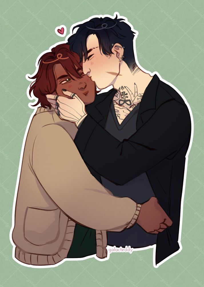 commission of two original characters kissing over a green background