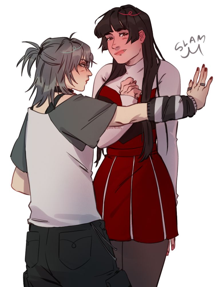 jock/emo AU Genderbent Ivan and Till from Alien Stage. Till is doing a kabedon on Ivan. 