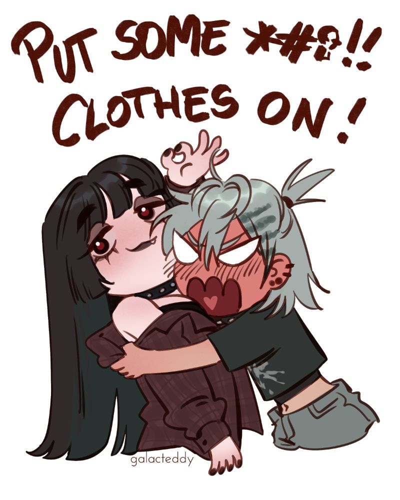 chibi of fem ivan and till from alien stage in the rock band au with Till screaming at Ivan to put some clothes on while putting her flannel onto her. ivan looks smug about this