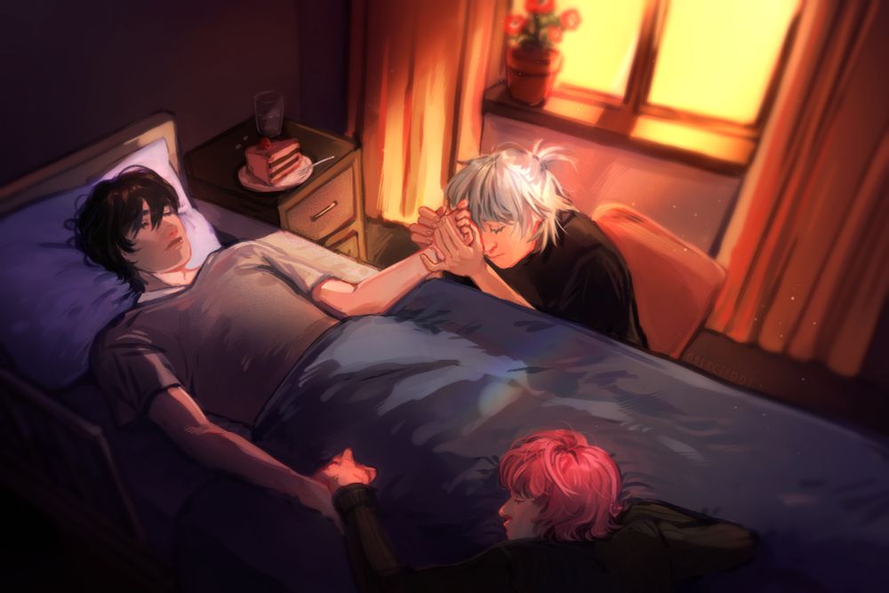 sunset scene of Ivan, Till, and Mizi from Alien Stage. Ivan is in a simple gray shirt with his hair grown out, sleeping in a bed while Till and Mizi hold his hands waiting for him to wake up out of the coma. this is Ivan lives AU so he was saved by the rebellion and they're all in their safe house now. 