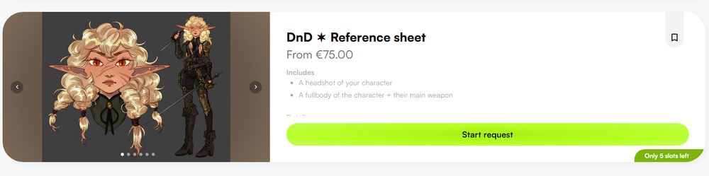 listing for commission work of dnd reference sheets with prices starting at 75€
