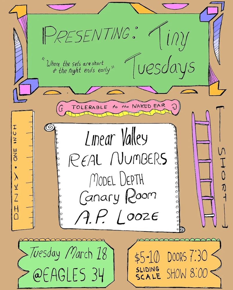Flyer including bands linear valley, real numbers, model depth, canary room, a.p. looze
