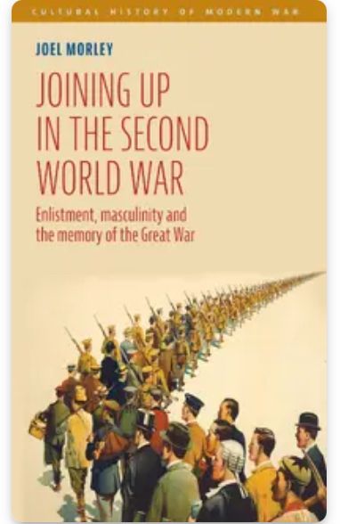 Front cover of book; civilian men queuing to become soldiers