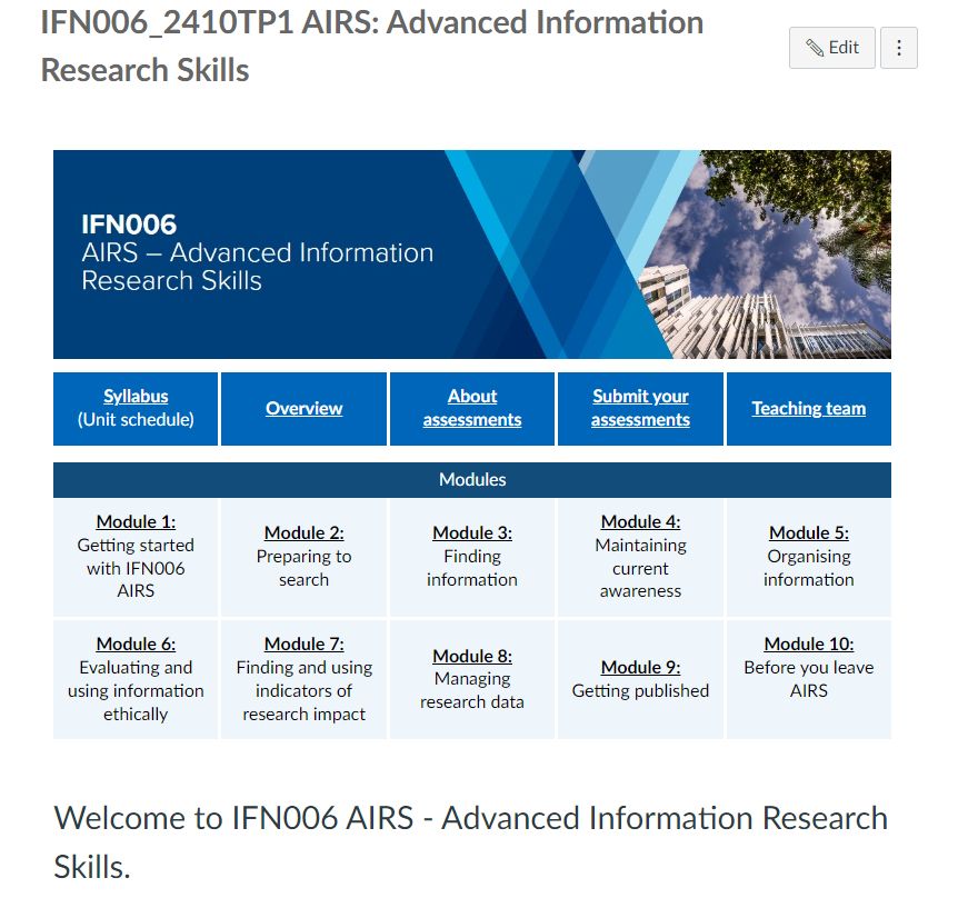 Canvas homepage for IFN006 AIRS Advanced Information Research Skills.