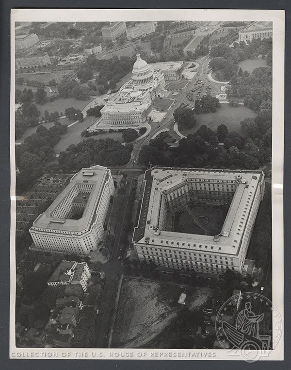 Aerial photographs looking north of House office buildings and the Capitol