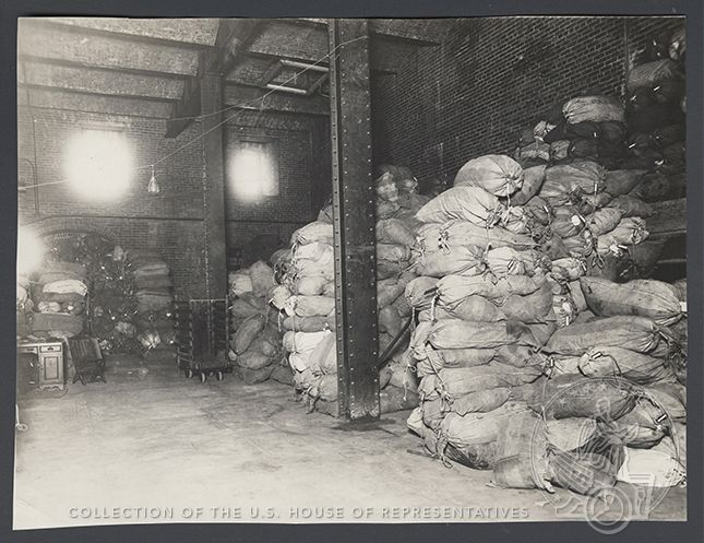 Piles of bags of seeds in a basement room