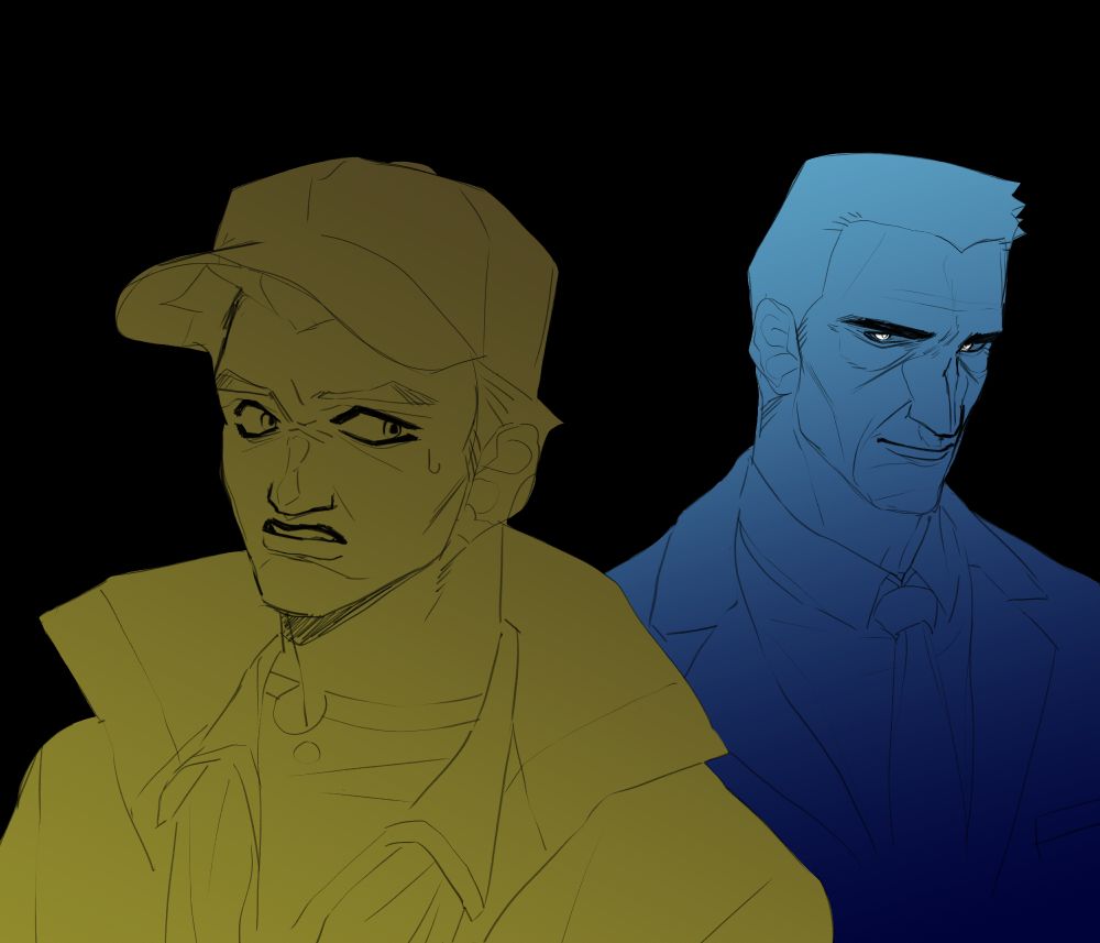 Shoulders up drawing of Dyson and the G-man. Dyson is in the front looking back uneasily and the G-man is behind him looking at him with an eerie smile. Dyson is coloured green and G-man is coloured blue, with his iris being white. The background is black.