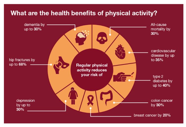 Pie chart showing benefits of physical activity across a range of areas… 30% reduction in all cause mortality 35% reduction in cardiovascular disease, 40% reduction in type 2 diabetes, 30% colon cancer, 20% breast cancer, 30% depression, 68% hip fractures, 30% dementia. Source: gov.uk