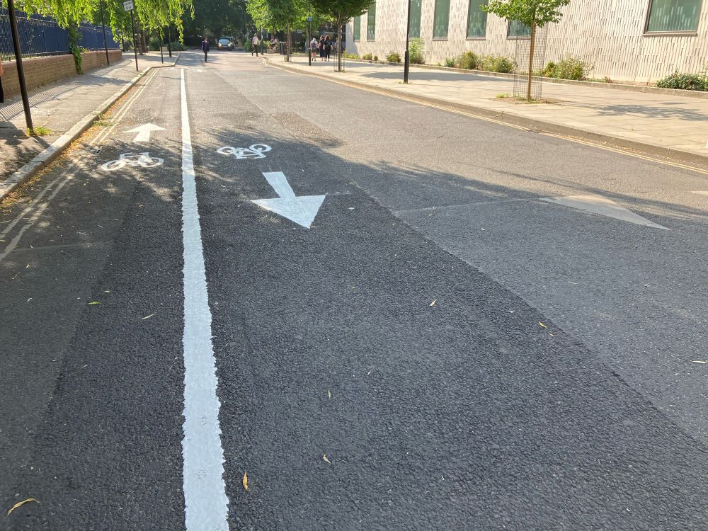 Newly painted cycle lane on Hyde Road Hackney