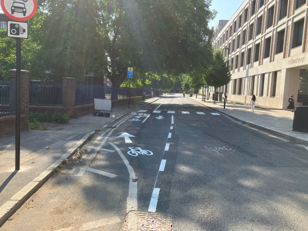 Newly painted cycle lane on Hyde Road Hackney