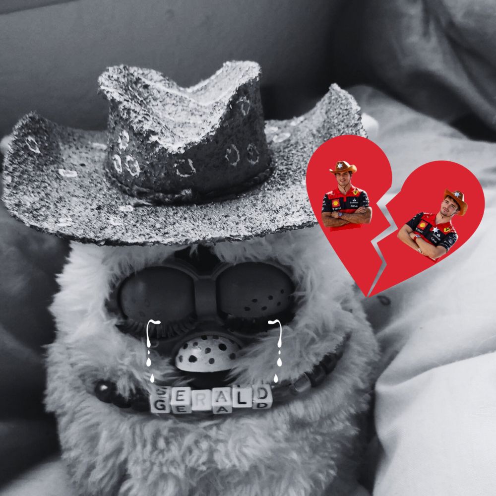 A sad, tearful gay cowboy furby who is mourning Carlos Sainz and Charles Leclerc no longer being teammates 
