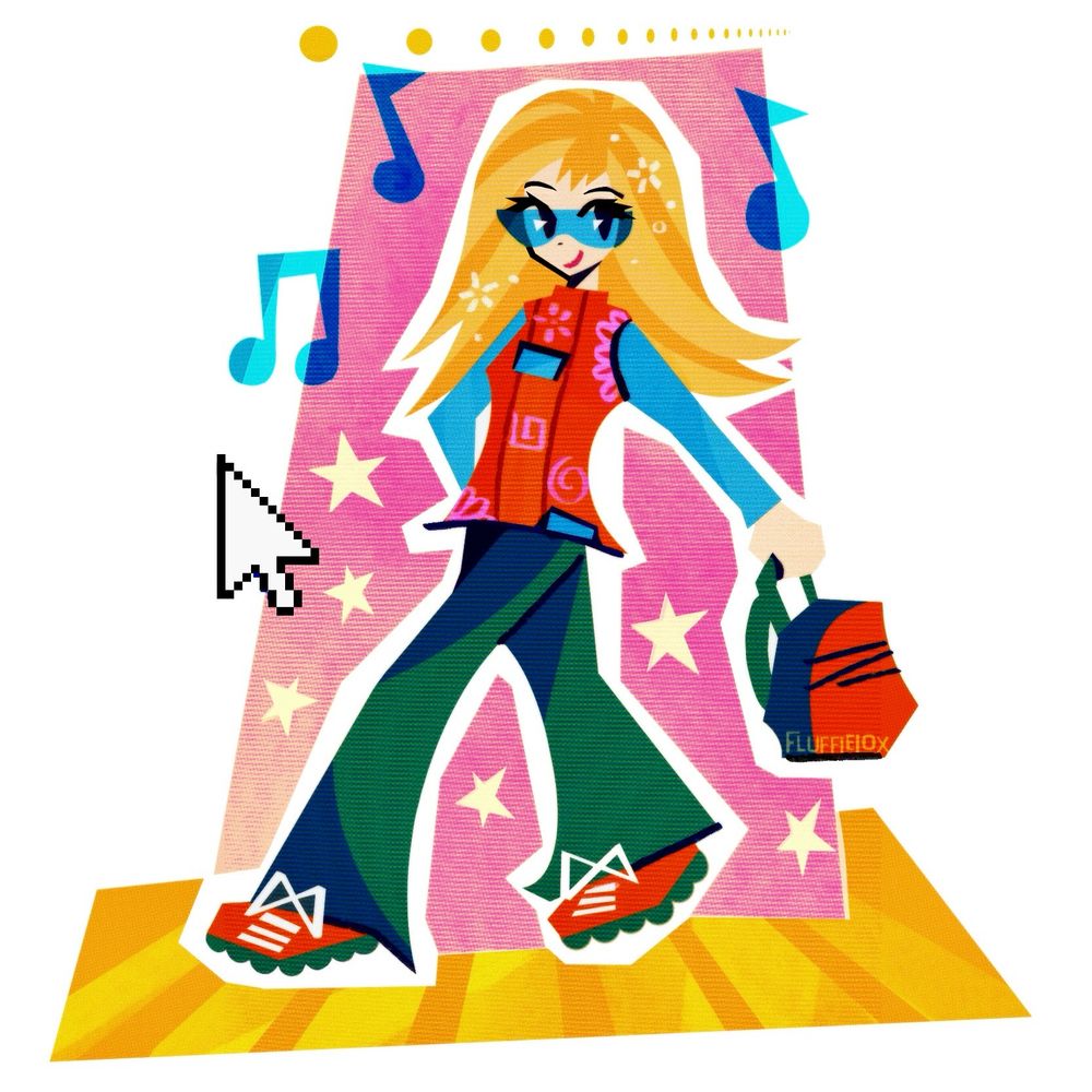 my digital drawing i made by myself cos im a big girl. it’s of a girl with blonde hair, barbie, walking. that’s about it. she has a cool early 2000s outfit too! mouse cursor floats menacingly nearby, threatening her. pink sparkles!