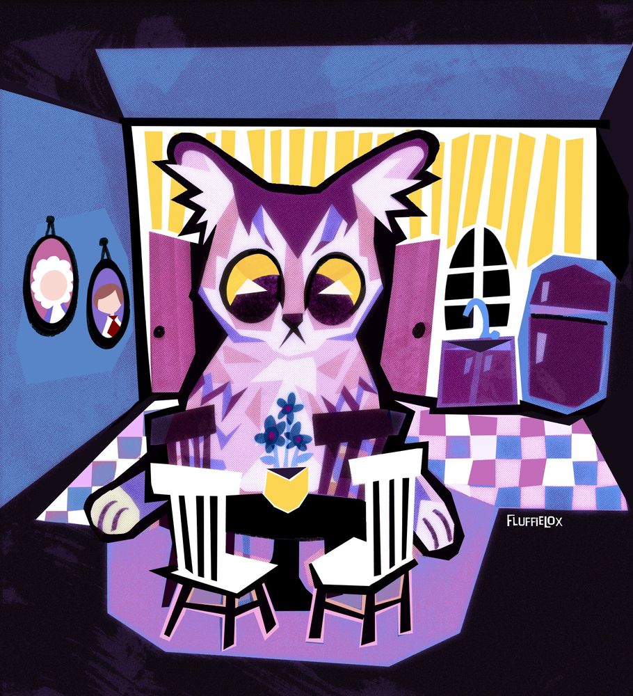 a digital drawing i made of a kitty intruding on a doll house 🏠 
