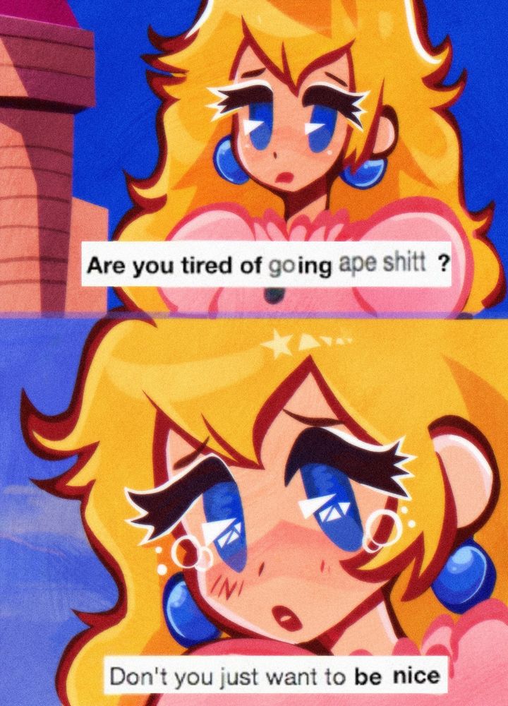 my art of princess peach crying and saying „are you tired of going ape shitt? don’t you just want to be nice?“