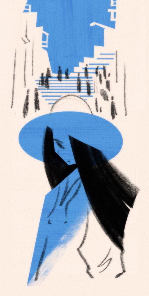 a drawing i drew of a girl walking thru a city. she’s blue cos she’s feeling blue 