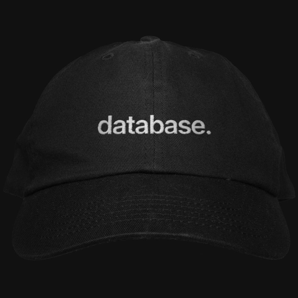 black hat that says "database."