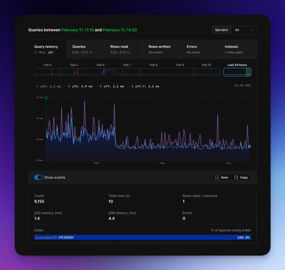 PlanetScale dashboard showing the customer19.PRIMARY index used 100% of the time on the selected query