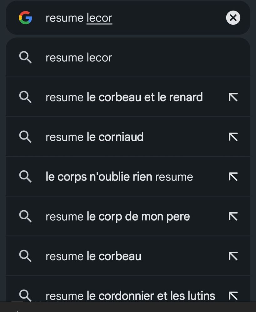 Une recherche Google

L'écriture intuitive n'arrive pas à trouver "résumé lecornu" après son passage sur France 2.

Ça propose "résumé le corbeau et le renard"

"Résumé le corniaud"

"Le corps n'oublie rien résumé "

