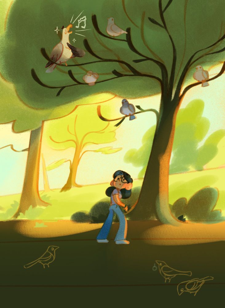 a girl stands by a park in the summer under a tree, amongst magpies and pigeons, and looks up to a seagull trying his best to sing what he believes is the best opera performance of his life.